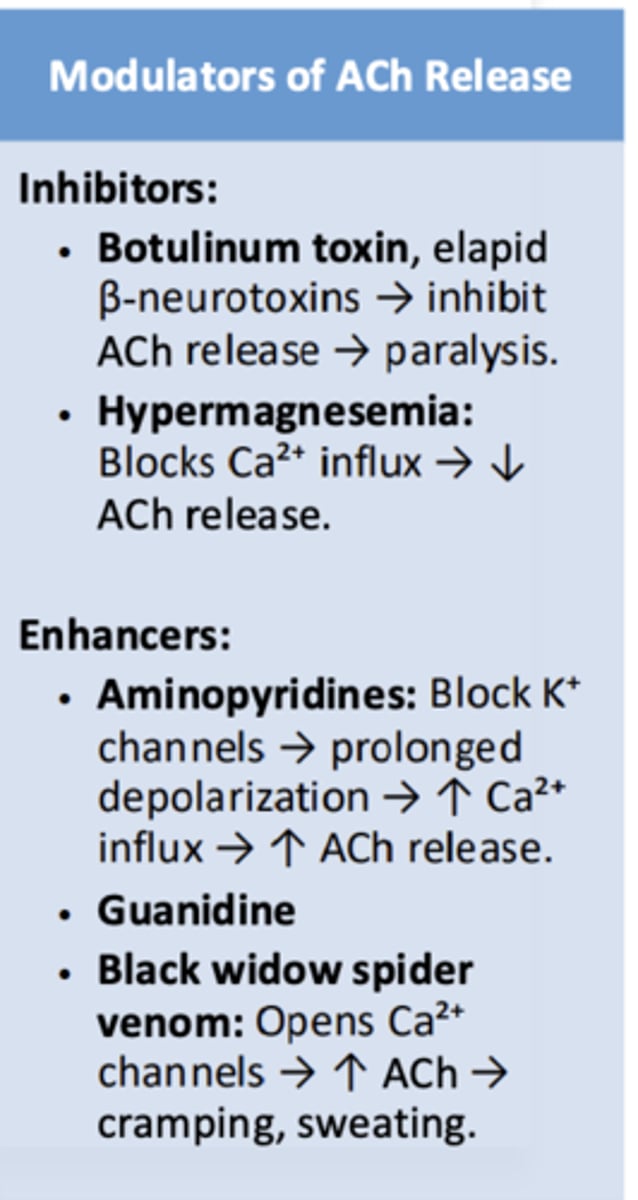<p>- inhibitors (botulinum toxin, hypermagnesemia)</p><p>- enhancers (aminopyridines, guanidine, black widow spider venom)</p>