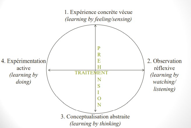 L’apprentissage est le processus par lequel la connaissance est créée par saisie transformation de l’expérience


1. L’apprentissage est un PROCESSUS pas un CONTENU, ni un PRODUIT
2. La CONNAISSANCE est le produit de l’apprentissage
3. L’EXPÉRIENCE joue un rôle central dans l’apprentissage
4. La TRANSFORMATION de l’expérience est le moteur de l’apprentissage