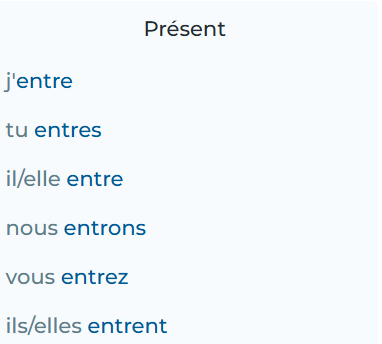 <p>to enter; regular er; passe compose: être entré</p>