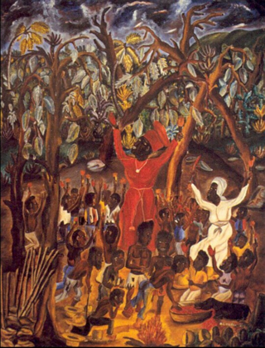 <p>or voodoo is a New World syncretic faith that combines the animist faiths of West Africa with Roman Catholic Christianity; evidence of the syncretism created when European and African beliefs merged in the Americas</p>