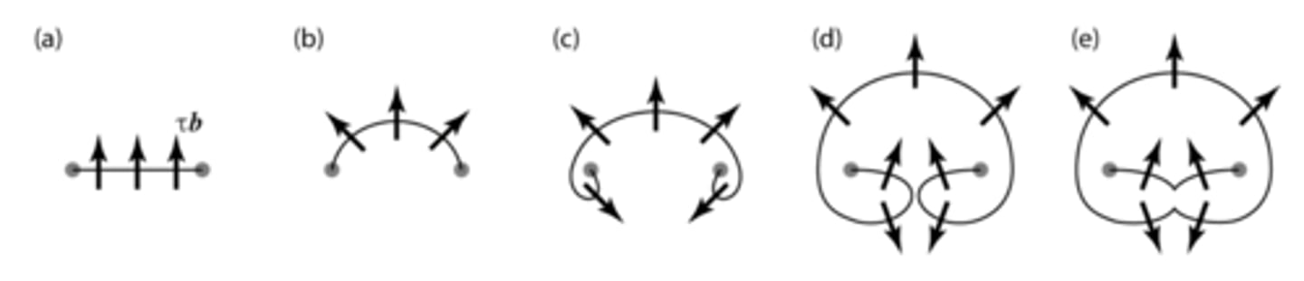 <p>a) dislocation with anchored ends</p><p>b) Dislocation bows as stress increases</p><p>c) Semi circle, maximum stress</p><p>d) Loop grows by sweeping round the ends</p><p>e) Loop breaks away</p>