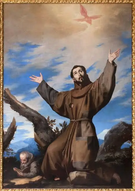 <p>Afgebeeld als monnik in een bruine pij met drie knopen in het koord, soms met een kruis/crucifix. Soms wordt hij staand met handen geheven afgebeeld (om stigmata te ontvangen) of mediterend met een doodshoofd en kruis/crucifix.</p>