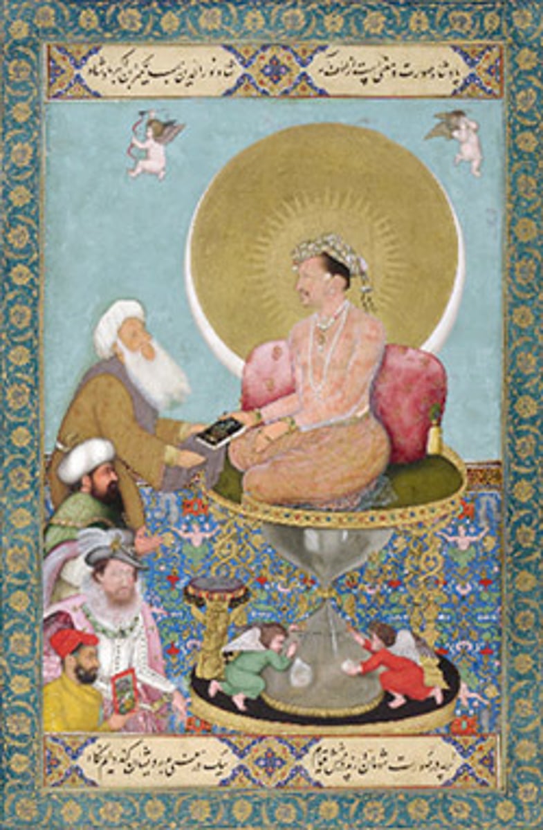 <p>Artist = Bicitr</p><p>c. 1620 CE</p><p>Form: Watercolor, gold, and ink on paper</p><p>Function: Depicts Jahangir, an Emperor of the Mughal Dynasty, sitting on top of a hourglass</p><p>In this painting, Jahangir, an Emperor of the Mughal dynasty, sits on top of a platform that rests on an hourglass. The sands of time are running, and the Emperor Jahangir is being visited by a group of men.</p>