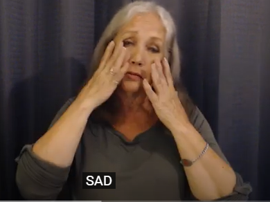 take both hands flat facing the face and move them downwards while frowning 