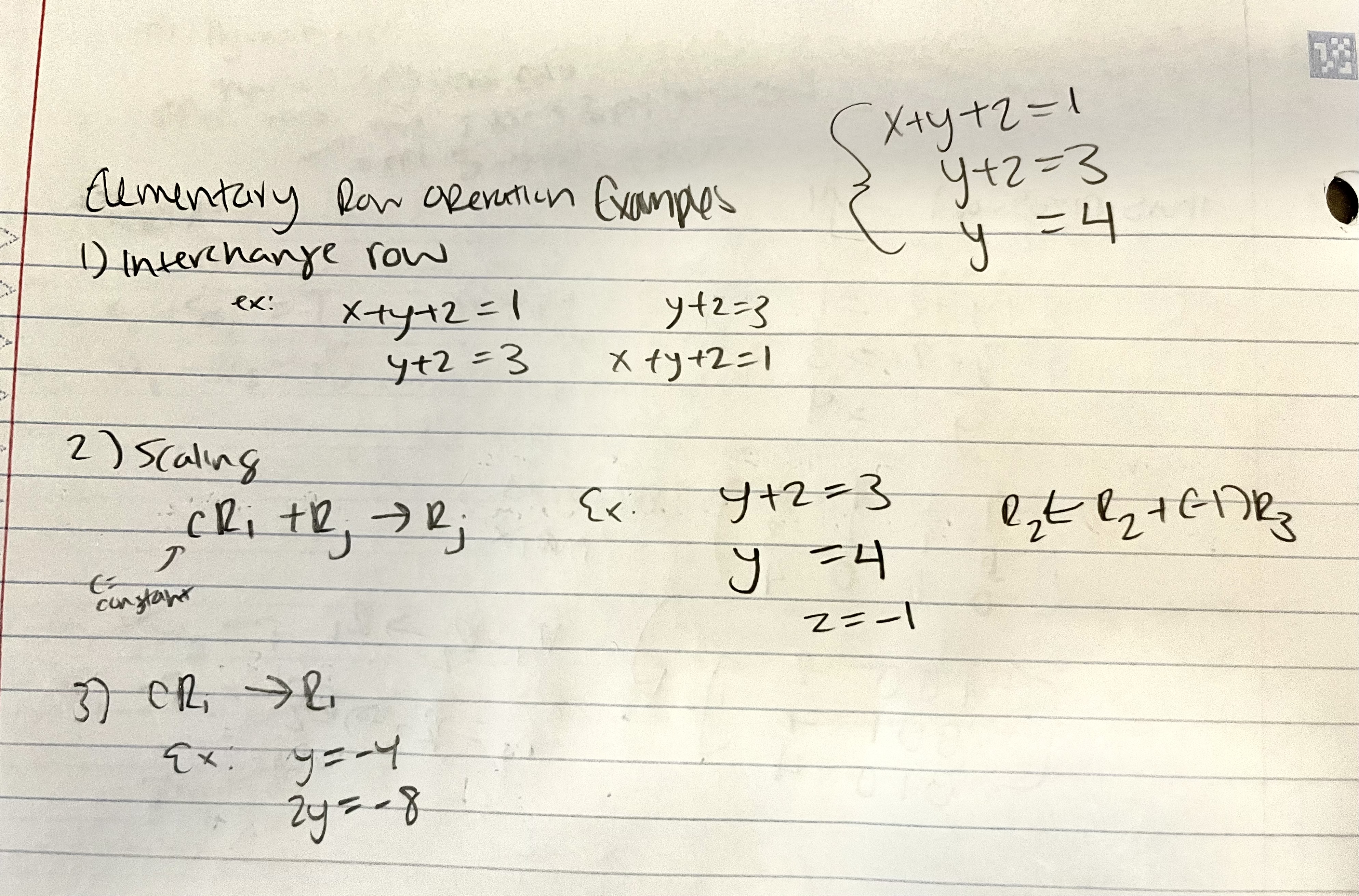 <ol><li><p>replacement: replace one row by the sum of itself and a multiple of another row</p></li><li><p>interchange: interchange two rows</p></li><li><p>scaling: multiply all entries in a row by a nonzero constant</p></li></ol><p></p>
