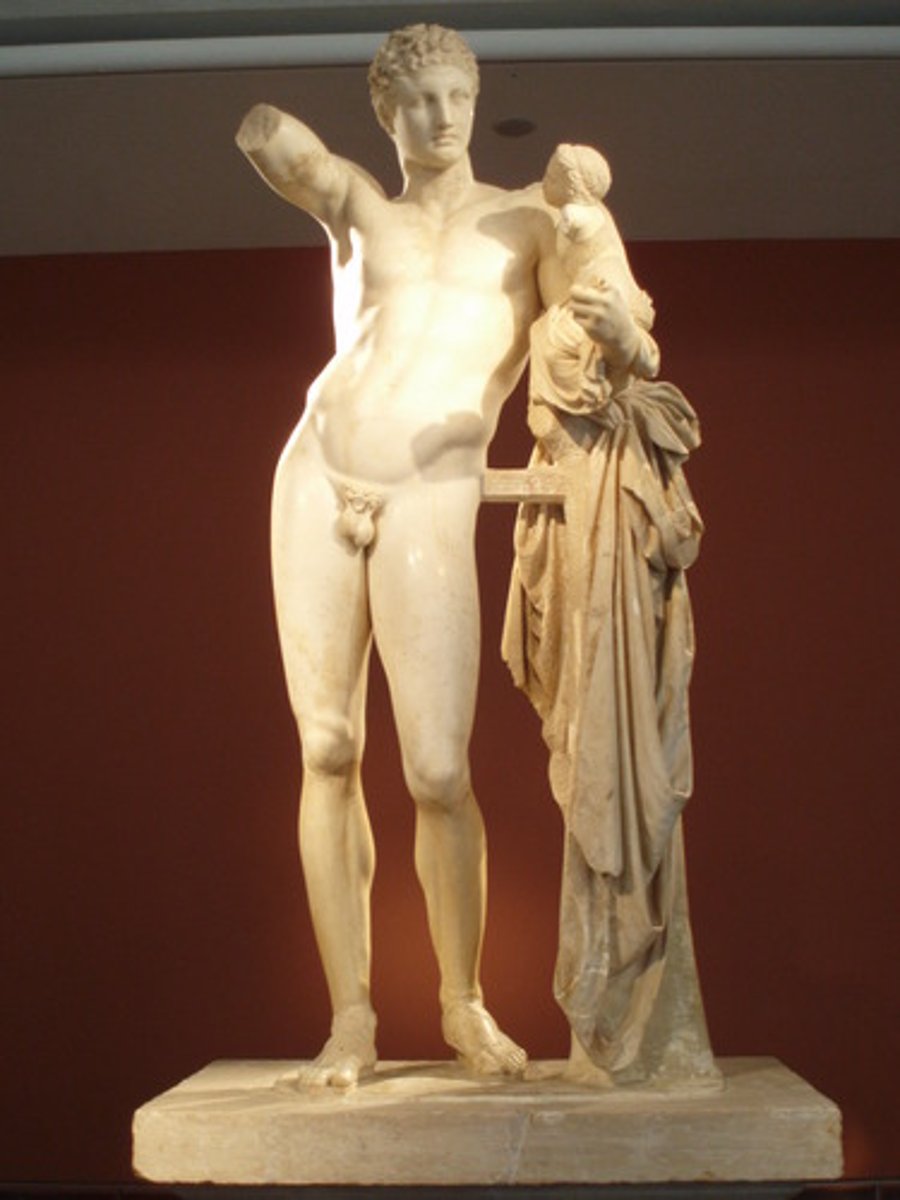 <p>Praxiteles, 340 BC</p><p>at Olympia, from Temple of Hera, likely a copy, Hermes= messenger trickster god, Dionysus= party and wine god, relaxed CONTRAPPOSTO, idealistic perfect form of man, Hermes teases Dionysus with grapes (NOT classical)</p>