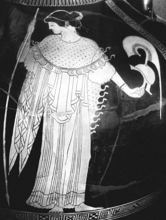 <p>Who holds her helmet in her left hand and a spear in her right? (Figure 2.2)</p>
