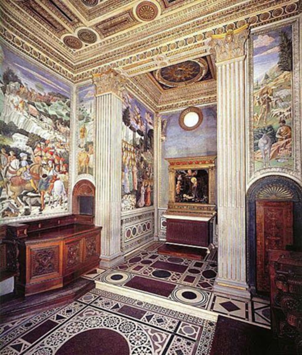 <p>1458-1460. Fresco, Palazzo Medici, Florence, Italy</p><p>Subject: The adoration of the Magi</p>