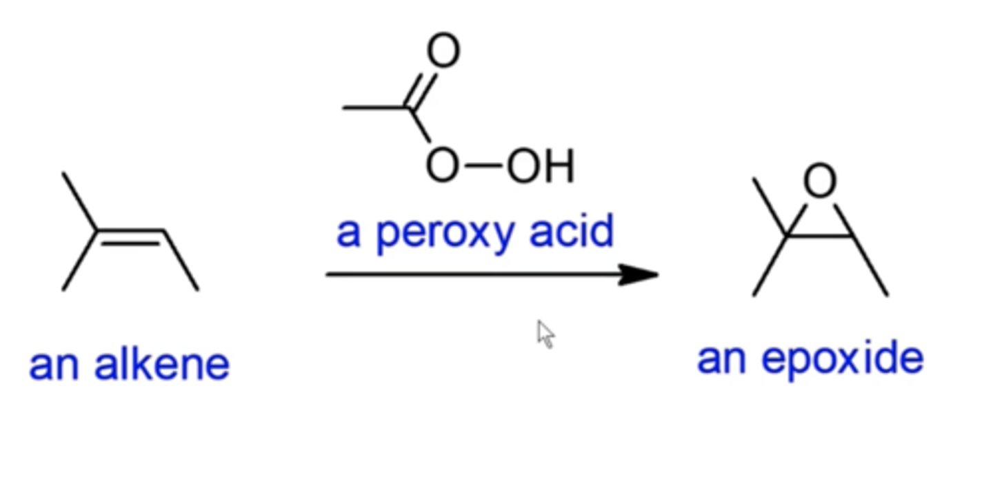 <p>epoxidizing alkene reactions:</p><p>it forms an epoxide</p>