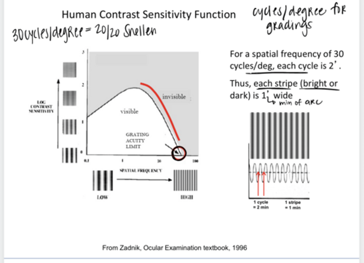 <p>REVIEW: For a spatial frequency of 30 cycles/min, each cycle is how many min of arc?</p>