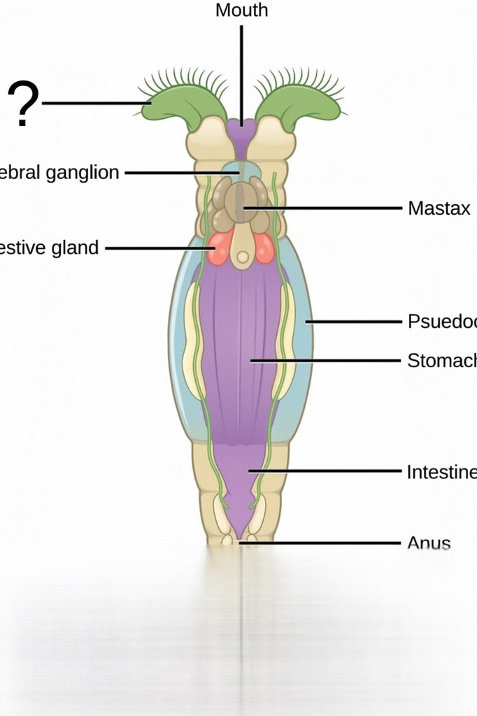 <p>What is the crown of cilia (hairs) at the top of the animal, indicated by the question mark, called?</p>