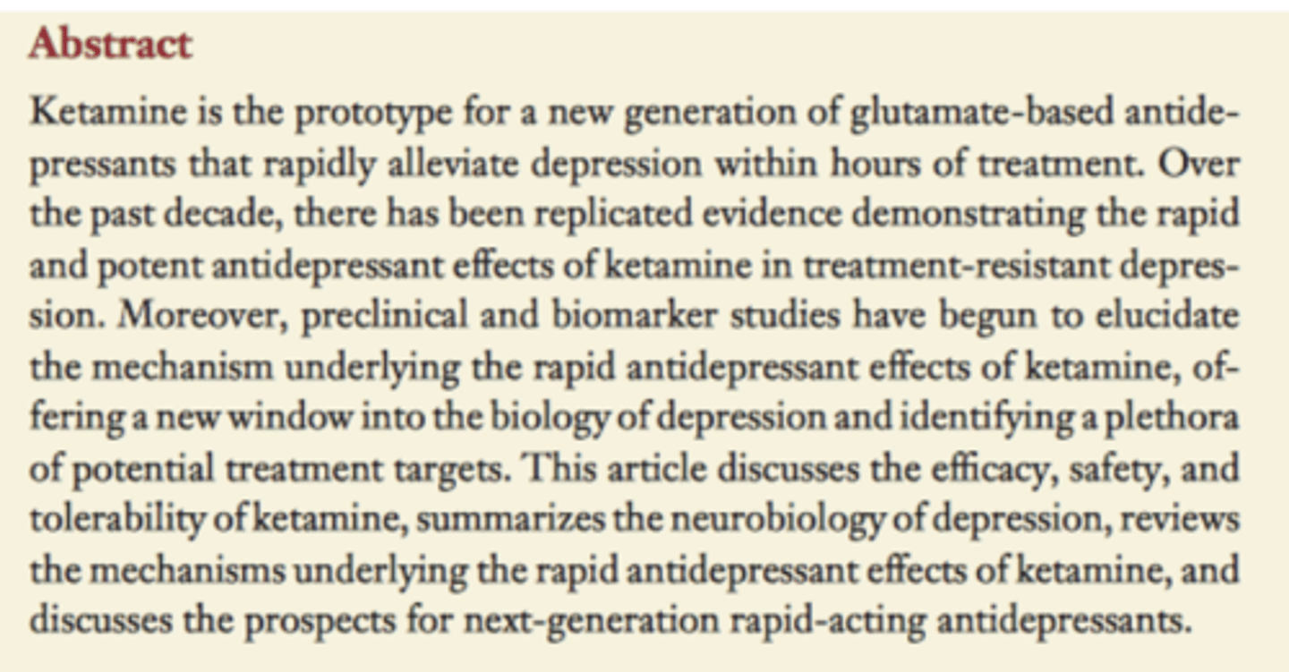 <p>- "rapid and potent antidepressant effects of ketamine in</p><p>treatment-resistant (TR) depression"</p><p>- 5 million people in the US with TR MDD</p>