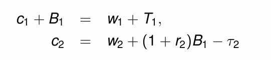 <p>Aggregate the two budget constraints and simplify</p>