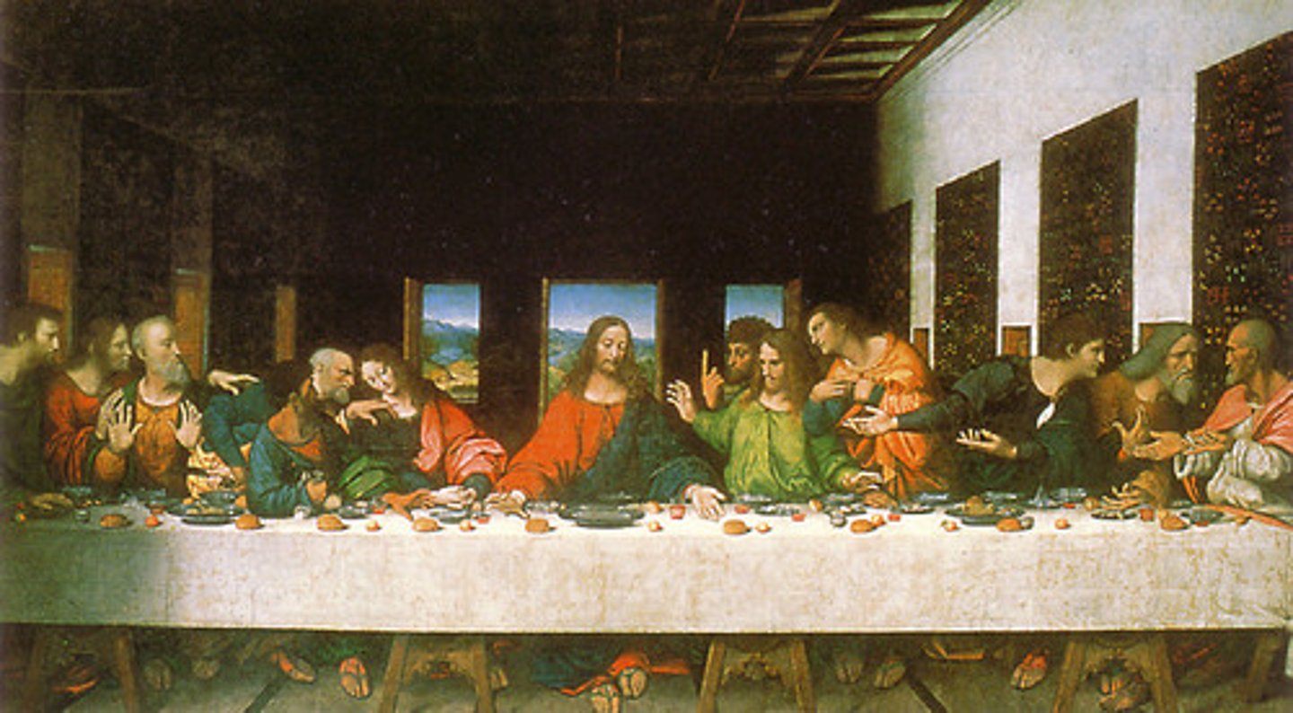 <p>Form:<br>-linear perspective, spatial illusionism, frieze-like<br>-triangle in center (Christ @ the point)<br>-monumental forms<br>-oil and tempera<br>Content:<br>-Jesus and his apostles having a final meals before Jesus is arrested<br>-the betrayal (Judas)<br>-the Eucharist (body and blood of Jesus) given to his people<br>-uses models to paint the people so he can make it more realistic<br>Function:<br>-dining hall/refectory for monks eating in silence<br>Context:<br>-artist: Leonardo DaVinci<br>-High Renaissance- Milan 1494-98</p>