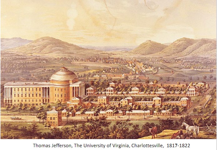 by Thomas Jefferson- university of Virginia- secular education 
Masterplan: central axial lawn flanked by interlinked 
colonnaded pavilions, with the Rotunda (library) at one end 
(Rotunda – inspired by the Pantheon, Rome)