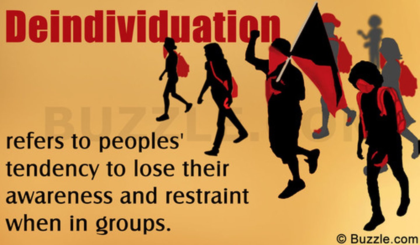 <p>(A) Deindividuation</p><p>Deindividuation is when you feel less identifiable and so you engage in worse behavior. This is what happened with the guards.</p>