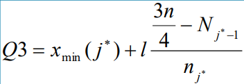 <p>D’abord trouver la classe 3er quartile (j*) : première classe dont la <u>fréquence cumulée</u> est <strong>≥ à 75%</strong>, ensuite<u> appliquer la formule.</u></p>