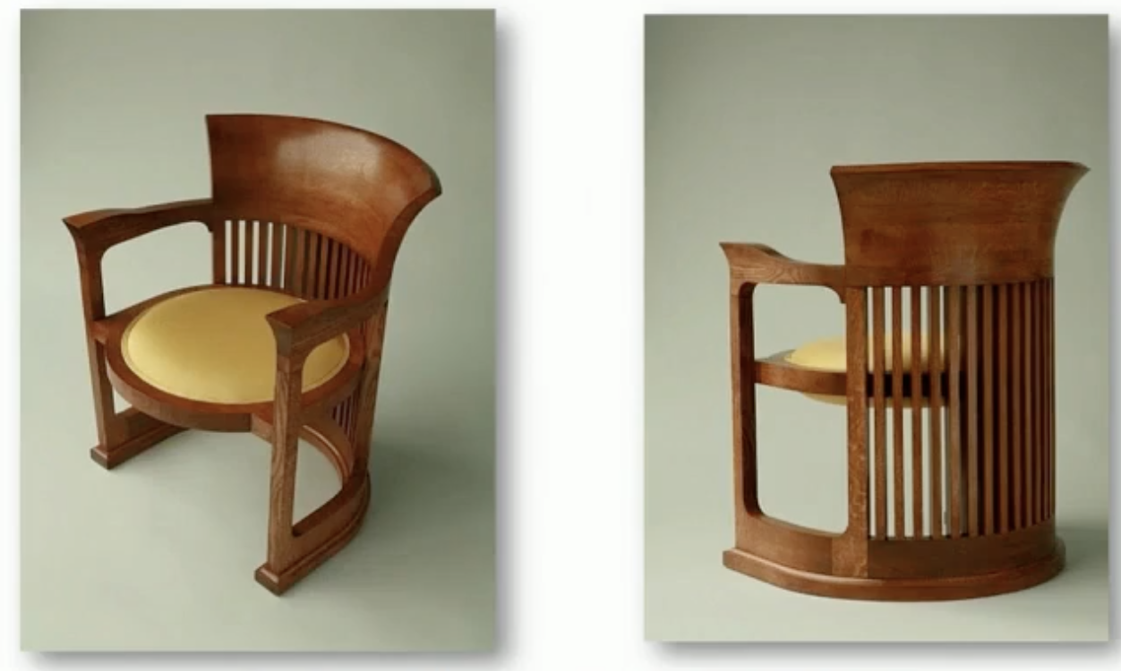 <p><strong>-</strong><span style="font-size: unset; color: unset"><strong> Barrel armchair ;</strong> Very much like A&amp;C movement</span></p><p>o<span style="font-size: unset; color: unset"> Same wood from architecture</span></p><p>o<span style="font-size: unset; color: unset"> True to materials approach</span></p><p><strong>-</strong><span style="font-size: unset; color: unset"><strong> Cantilever sideboard</strong></span></p><p>o<span style="font-size: unset; color: unset"> Overhang of shelf</span></p><p>o<span style="font-size: unset; color: unset"> Opening space</span></p><p>o<span style="font-size: unset; color: unset"> Match building structure</span></p><p>-<span style="font-size: unset; color: unset"><strong> Tree of Life window</strong></span></p><p>o<span style="font-size: unset; color: unset"> Stained Glass</span></p><p>o<span style="font-size: unset; color: unset"> Geometrized tree</span></p><p>o<span style="font-size: unset; color: unset"> From the same tree he sees through the window</span></p><p>o<span style="font-size: unset; color: unset"> Mediates between interior and exterior</span></p><p>o<span style="font-size: unset; color: unset"> Organic architecture: “bring outside world into house and let inside to the</span></p><p>outside”</p><p>o<span style="font-size: unset; color: unset"> Windows connects</span></p><p><strong>-</strong><span style="font-size: unset; color: unset"><strong> Table</strong></span></p><p>o<span style="font-size: unset; color: unset"> Table and Shelf unit integrated together</span></p><p>o<span style="font-size: unset; color: unset"> Cantilever</span></p>