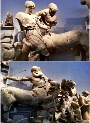 * battle between Centaurs and Lapiths ​
* In the centre **Apollo** (god of order and justice) **presides over events**, standing frontally except for extended right arm and head facing right ​
* **his arm forms a ninety-degree angle** with body → **occupies greater space** on the pediment ​
* His neat, simple and static pose **= the calmness and order** Apollo will provide, **vs  brutality** of scene around him ​
* Unlike East, **the West pediment is filled with action,** **figures overlap and interact** with one another​

\
* **movement is horizontal** rather than vertical like the East Pediment  ​
* Centaurs **characterised as disorderly and uncivilised** through their **attack on women** and their **wild hair** and **beast-like faces**​
* narrative expressed through physical contact, figures are attacking and defending, also in the **anguish shown in some of their faces** ​
* While numerous still have vacant expressions **some begin to show pain in their faces and body language** ​
* **Example:** the centaurs face where his open mouth might suggest him screaming in anguish as the woman grabs his head and punches his chin ​

  \
