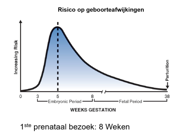 <ul><li><p>teratogenen = schadelijke omgevingsfactoren</p><ul><li><p>pharmaca</p></li><li><p>alcohol</p></li><li><p>nicotine</p></li><li><p>virussen (na invoering van universele rubellavaccinatie is congenitale rubella zeer zeldzaam geworden)</p></li><li><p>RX stralen → röntgen</p></li><li><p>cocaïne</p></li><li><p>hormonen</p></li><li><p>arseen, kwik, cyanide</p></li><li><p>tekort aan foliumzuur tijdens de zwangerschap</p><ul><li><p>kan aanleg van zenuwstelsel verstoren</p></li></ul></li></ul></li></ul><p></p>
