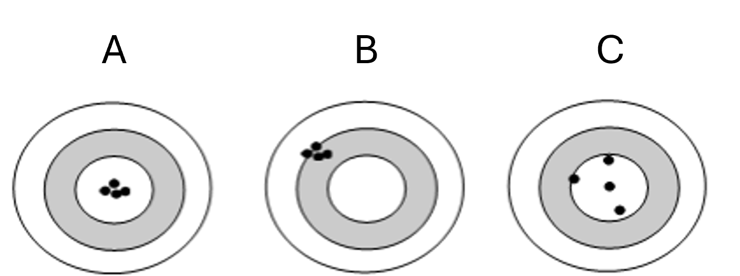 <p>Assign a label to each target image</p><ol><li><p>Precise and Accurate</p></li><li><p>Precise and Not Accurate</p></li><li><p>Not precise but Accurate</p></li></ol><p></p>