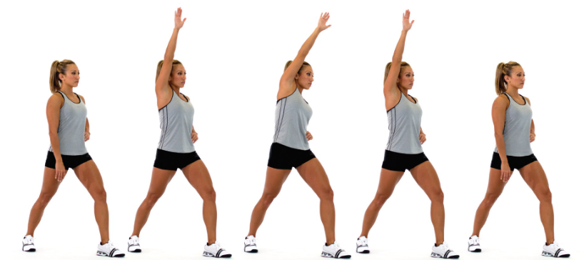 stand in a staggered stance with the front leg slightly bent and rear leg straight

externally rotate the rear foot, draw in the navel, and posteriorly rotate the pelvis

squeeze the gluteal muscles of the side being stretched

as a progression, raise the arm (on the same side as the back leg) up and over to the opposite side while maintaining pelvis position

hold side bend position and repeat for the desired number of repetitions