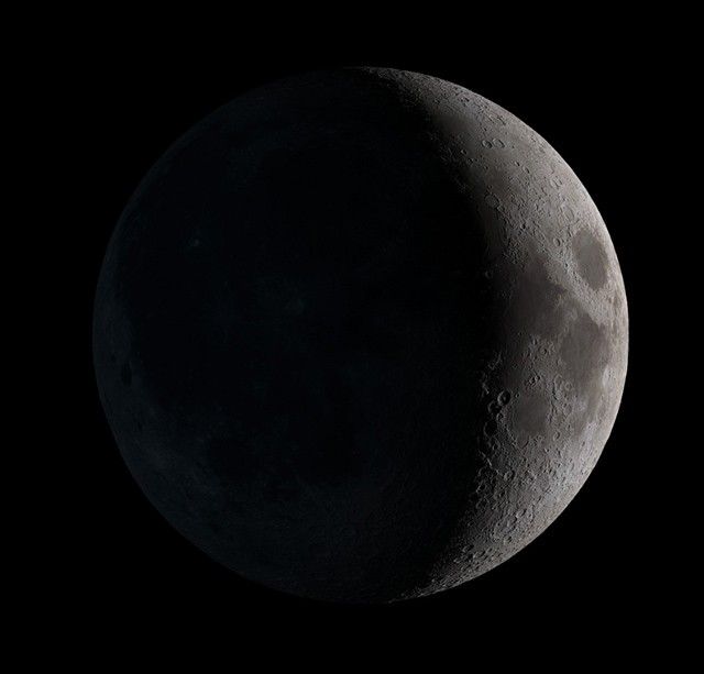 <p>(Light coming from the right side) A tiny sliver peaks out from the moon. It will grow bigger and bigger daily.</p>