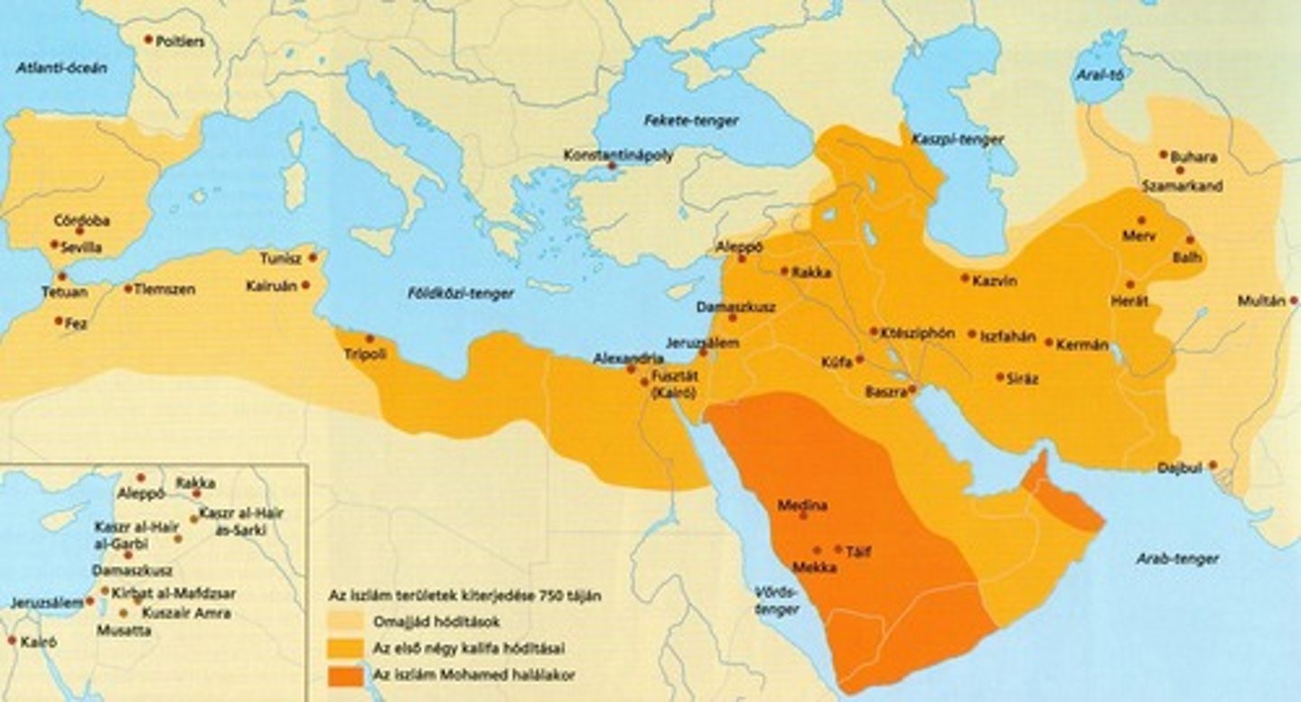 <p>A 7. századtól az iszlám hódításaival kialakuló birodalom, amely elfoglalta az Arab-félszigetet, Mezopotámiát, Észak-Afrikát, a Pireneusi-félszigetet, Kis-Ázsiát, a mai Irán területét stb. A 10. századtól fokozatosan széthullott.</p>