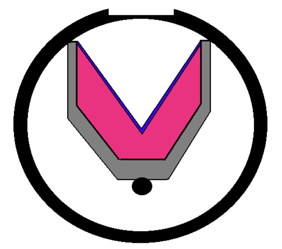 <p>In the picture of a shaped charge shown, in which direction does the shot fire?</p>