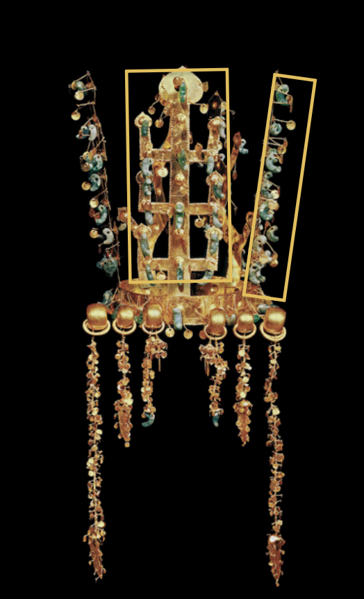 <p>Time: 5th Century</p><p>Found: Silla Kingdom; from Tomb 88, The Great Tomb at Hwangnam, Gyeongju (황남, 경주)</p><p>A crown made of gold and jade </p><p>3 treelike vertical forms linking heaven and the earth, representing how shamans move between the two realms using trees</p><p>2 antler-like prongs representing antlers of a reindeer to symbolize the fertility of the earth; </p><p>comma-shaped jade pieces, fruit hanging from a tree, further representing fertility</p><p>crown is similar to headgear found in Russian tombs, further showing a connection to Siberian connections. </p>