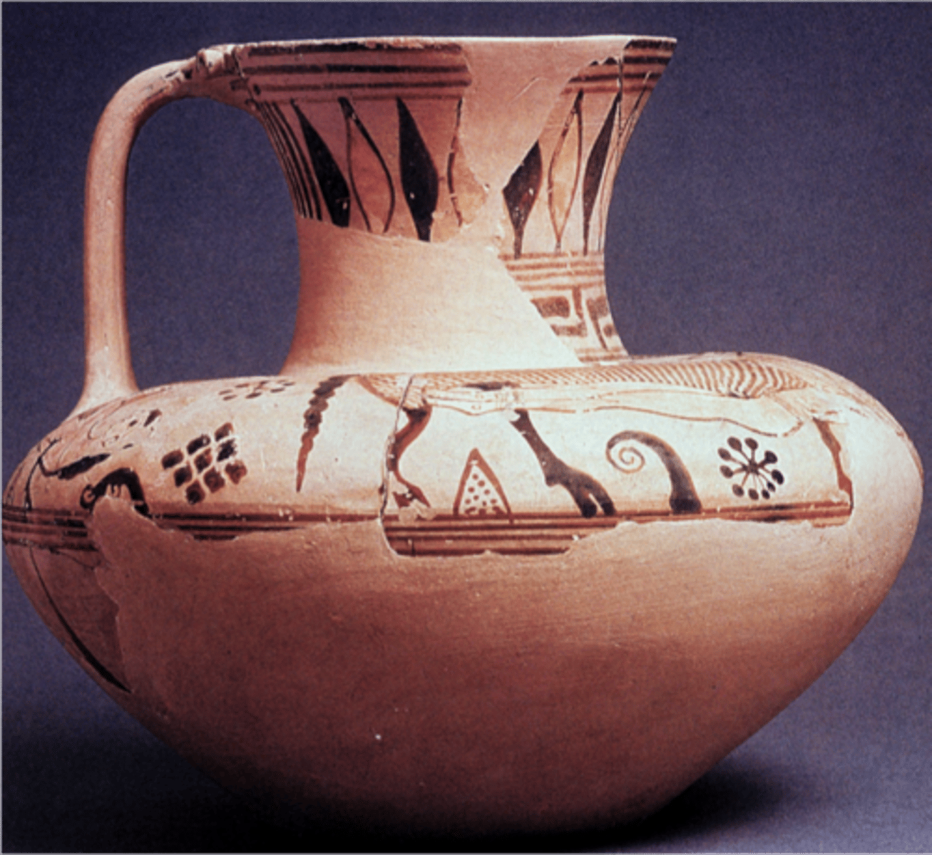 <p>Who The Protoattic oinochoe from Aegina, also known as the "Ram Jug," was created by the Ram Jug Painter1, an artist from the ancient Greek city-state of Corinth2.</p><p>What The Ram Jug is a Protoattic oinochoe, or jug3. It depicts Odysseus escaping from the cave of the Cyclops Polyphemus3. The scene is enclosed within a panel, incised with added white and purple paint: a ram emerges from the cave on the left with the head of Odysseus visible under its body3.</p><p>Where The Ram Jug was found at Aegina and is now housed in the Louvre Museum, Paris, France2.</p><p>When The Ram Jug dates back to around 675-650 BC1.</p><p>Why The Ram Jug is interesting and important for several reasons:</p><p>Artistic Significance: The vase is a technical masterpiece of Archaic painting2. It contains the earliest known representation of Odysseus escaping from the cave of the Cyclops Polyphemus3, providing valuable insights into mythological depictions during the mid- to late-7th century.</p><p>Cultural Significance: The vase depicts a scene from Homer's Odyssey, one of the two major ancient Greek epic poems attributed to Homer3. This scene reflects the penetration of mythological narratives into Greek art2.</p><p>Historical Significance: The vase provides a glimpse into the stages of maturation of Corinthian pottery during its time2. It also provides evidence of the influence of neo-Assyrian art forms on Corinthian art2.</p><p>Overall, the Ram Jug provides a wealth of information about ancient Greek art, society, and history. It serves as a testament to the cultural and historical richness of ancient Greece.</p>