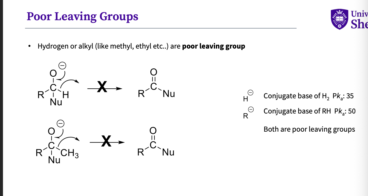 <ul><li><p>hydrogen or alkyl ( like methyls,ethyls) are poor leaving groups&nbsp;</p></li><li><p>this is because the conjugate base for h2 = h- high pKa = 35</p></li><li><p>for rH the conjugate base = R- high pKa = 50&nbsp;</p></li><li><p>so are therefore poor leaving groups&nbsp;</p></li></ul><p></p>