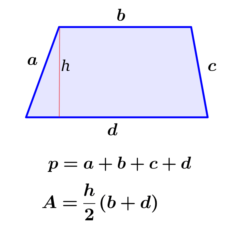 <p>Trapezoids are a type of quadrilaterals.</p><p>A=1/2H(b + d)</p>