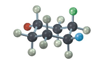 <p>The following cyclohexane derivative has three substituents—red, green, and blue. Identify each substituent as axial or equatorial, and identify each pair of relationships (red–blue, red–green, and blue–green) as cis or trans.</p>