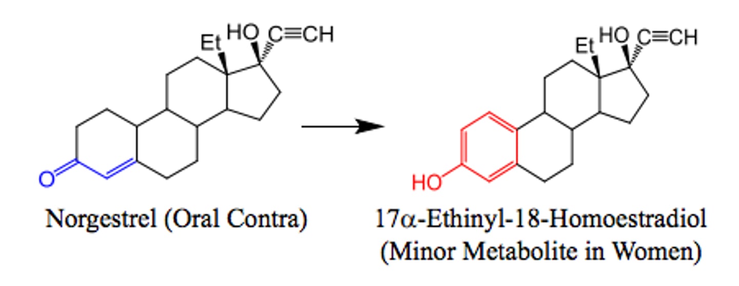 <p>a C=O on a non aromatic cyclic molecule will become a C-OH and the ring will become aromatized; its a form of oxidation (oxidative biotransformation)</p>