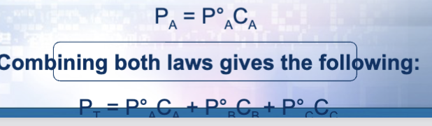 <p>Partial vapor pressure of each component in a solution is equal to the vapor pressure of the pure component multiplied by its mole fraction</p>