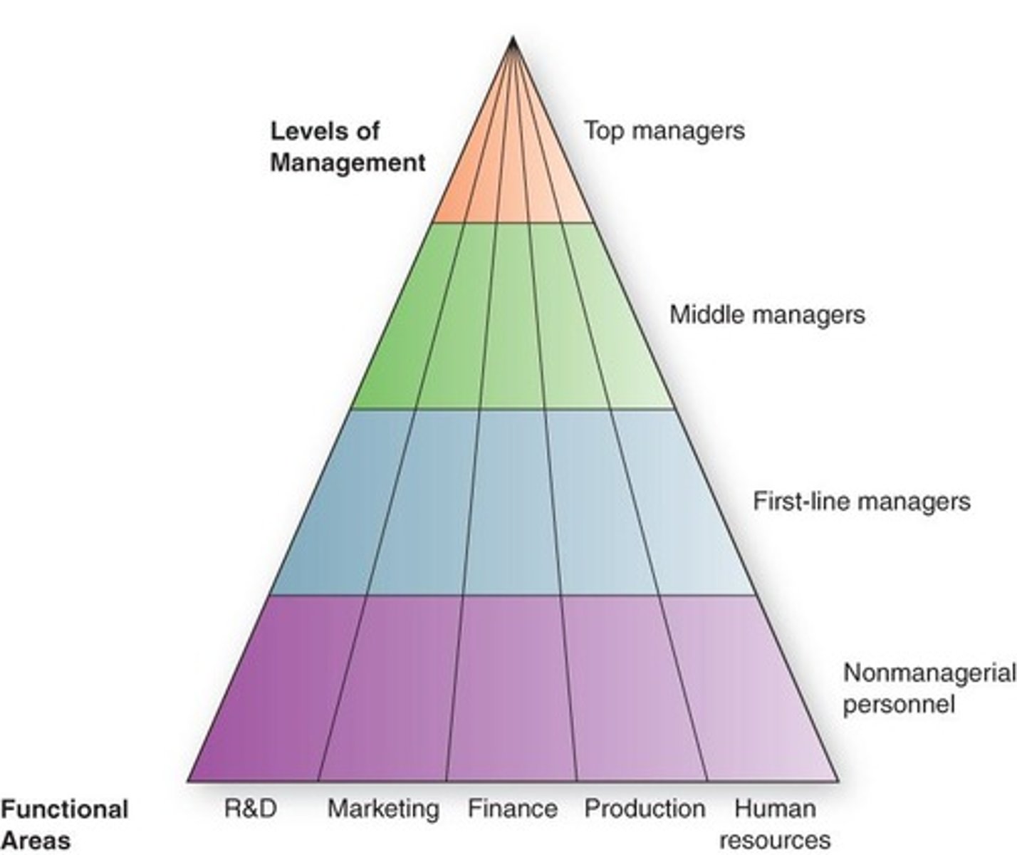 <p>The hierarchical structure of management, including top managers, middle managers, first-line managers, and nonmanagerial personnel.</p>