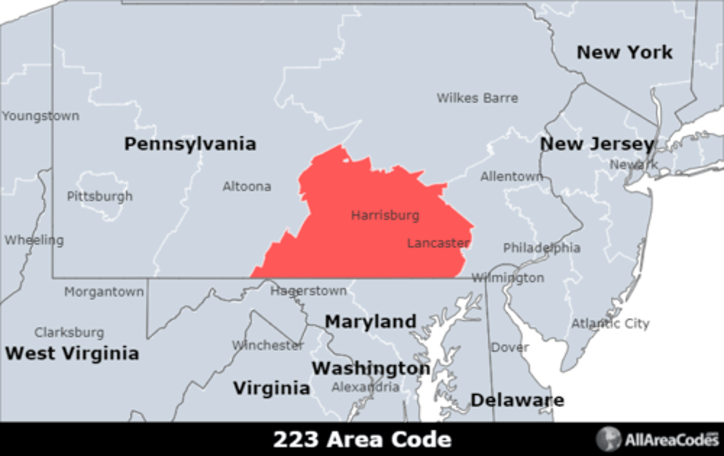 <p>Area code 223 is located in southcentral Pennsylvania and covers Lancaster, Harrisburg, and York. It is an overlay for area code 717 and serves the same area.</p>