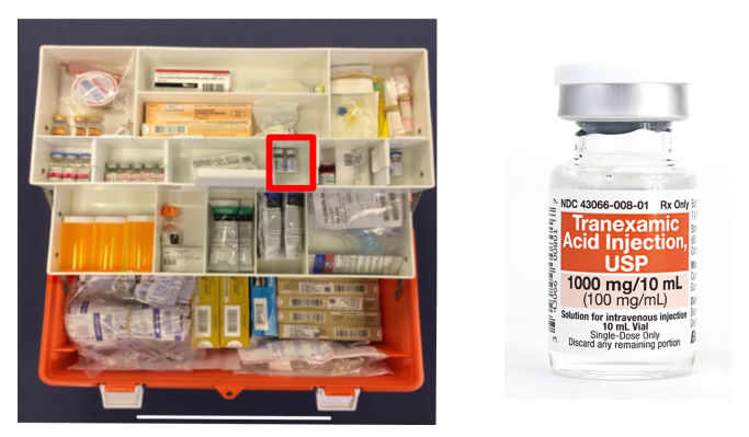 <p>Inhibits the breakdown of fibrin and helps stop bleeding, only thing we have to treat internal bleeding</p><p>Adult: 1 g IV slow push over 1-2 minutes</p><p>Ped: 10mg/kg IV</p>