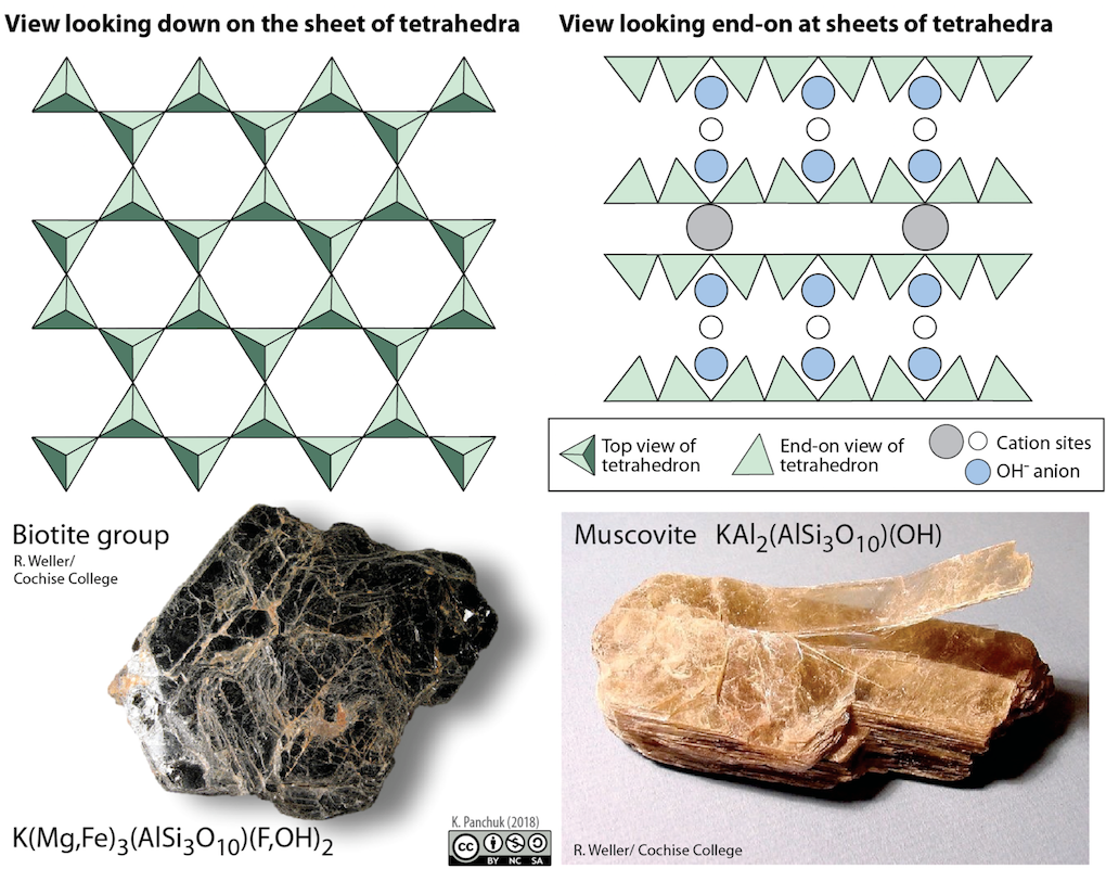 each tetrahedron shares 3 oxygen atoms, forming a sheet

cations hold the sheets together