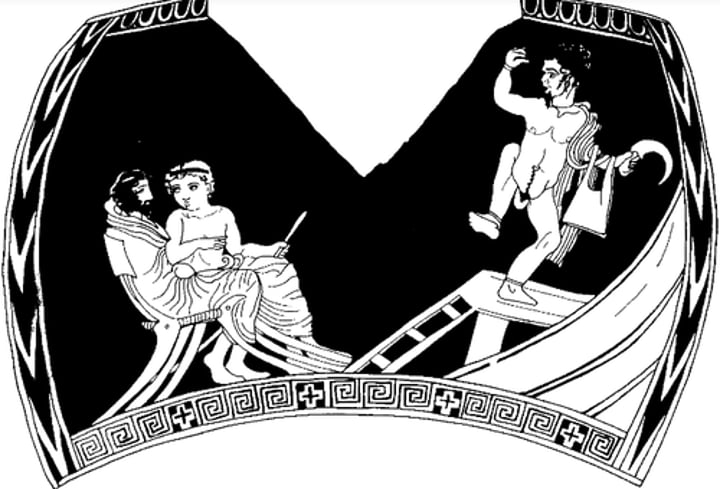 <p>Damaged attic red figure chous (jug)<br>Dates to 420 BC (when the plays were happening PRIMARY SOURCE)<br>It depicts Perseus (made to seem naked with a phallic suit, indicated in the art by marking the end of the costume &gt; comedy) holds a scythe and a bag (holding Medusa's head, very thin to comedically indicate no head)<br>Only attic vase to depict a stage (wooden stage evidence) AND only Greek painting to depict an audience<br>Audience a man and a boy (sex worker, lover?), the seats have backs &gt; prohedria &gt; high status fellows, rest of the audience is absent<br>No orchestra? What is on the other side? No chorus, theatron or skene</p>