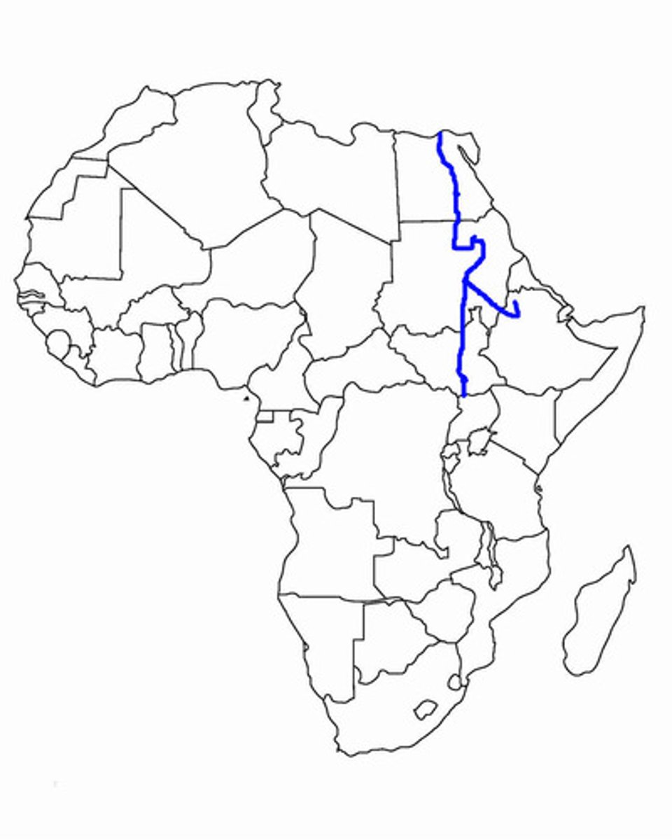 <p>The world's longest river, which flows northward through East Africa into the Mediterranean Sea</p>