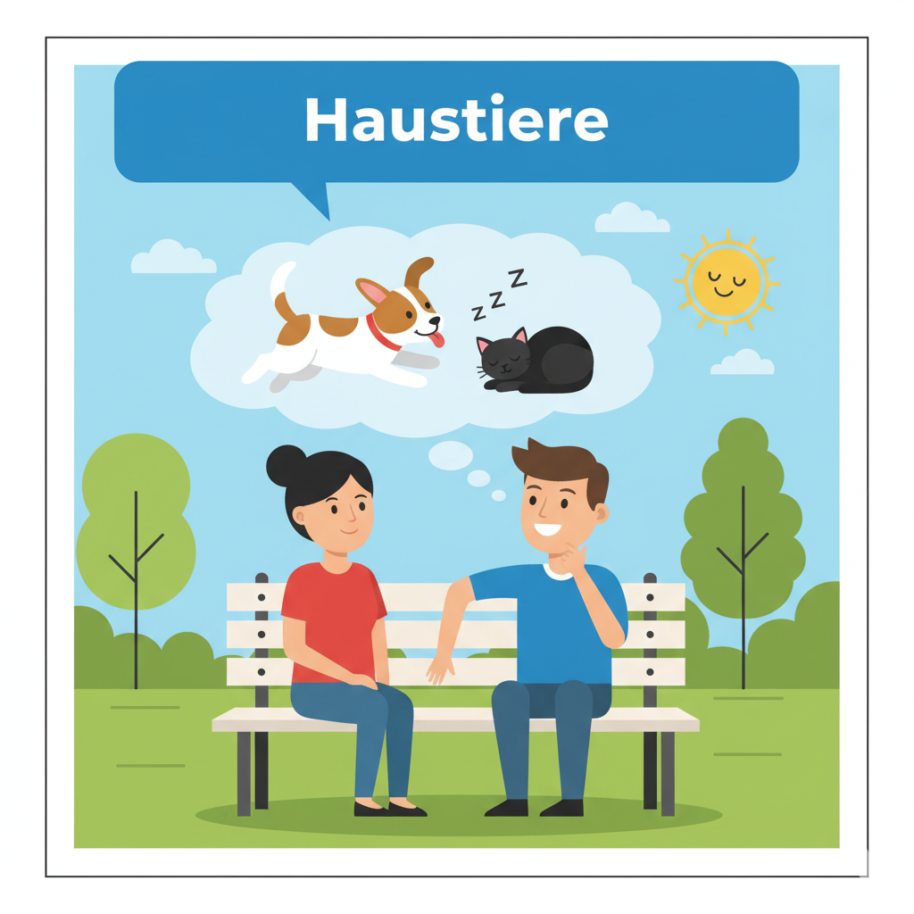 <p><em>das Haus</em> (the house) + <em>das Tier</em> (the animal) = "the house animal"<br><br><strong>Anna:</strong> Hast du <strong>Haustiere</strong>? </p><p><strong>Ben:</strong> Ja, ich habe zwei <strong>Haustiere</strong>. Einen Hund und einen Kater. Und du?</p><p><strong>Anna:</strong> Nein, ich habe keine <strong>Haustiere</strong>.</p>