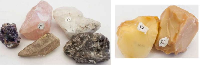 <p>SiO_2    Harder than gass, cannot be scratched by a knife. Vitreous glass like lustre with poor cleavage. Trigonal crystal growth.</p>