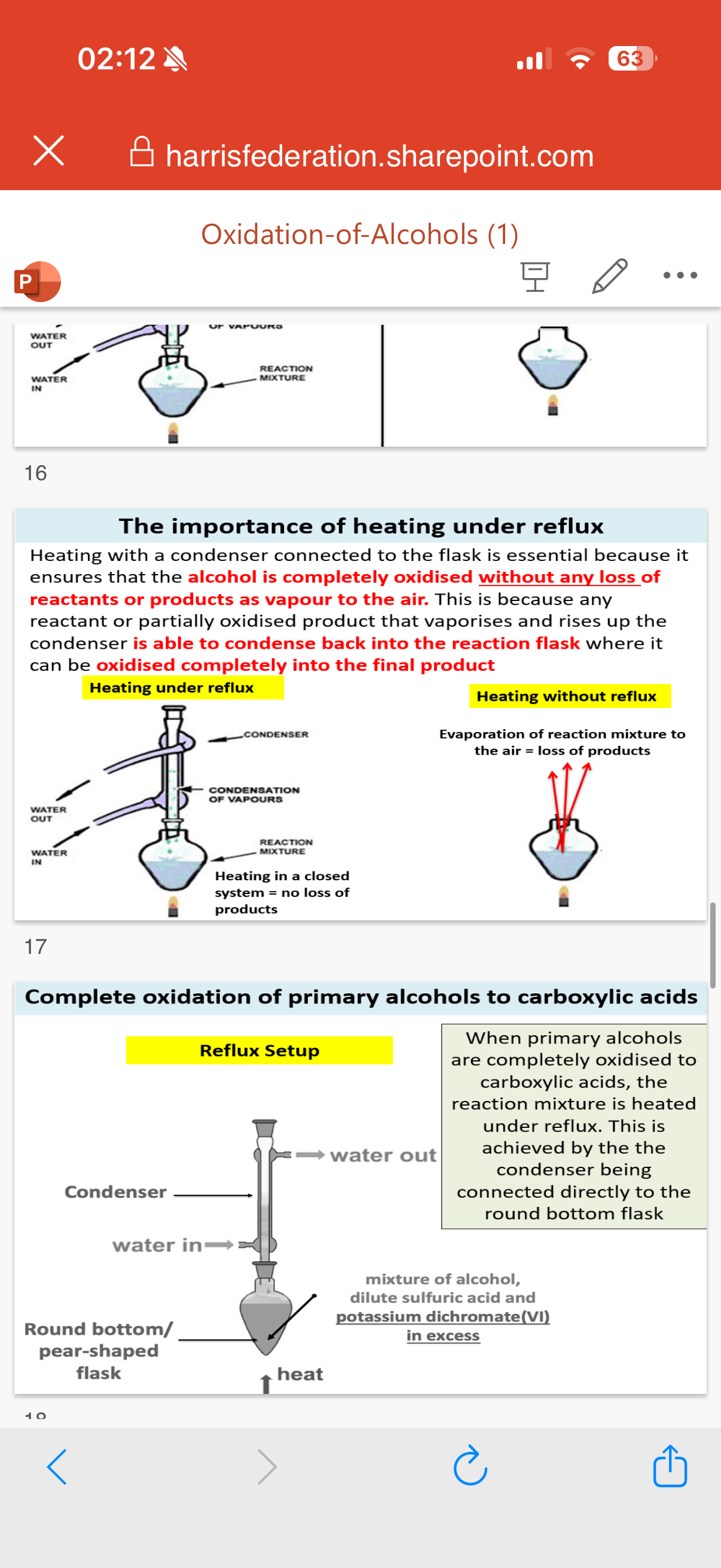 <p>1.excess. 2.refluxed</p><ol start="3"><li><p>RCH2<u>OH</u> + <u>2</u>[0] → R<u>COOH</u> + H2O 1º Alcohol Carboxylic acid + Water</p></li><li><p>Make sure the oxidising agent is in excess and the reaction mixture is heated under reflux which is achieved by the condenser being connected directly to the round bottom flask.</p></li><li><p>The constant boiling and condensing of a reaction mixture</p></li></ol><p>6.Heating with a condenser connected to the flask is essential because it ensures that the alcohol is completely oxidised without any loss of reactants or products as vapour to the air.</p><p>This is because any reactant or partially oxidised product that vaporises and rises up the condenser is able to condense back into the reaction flask where it can be oxidised completely into the final product</p>