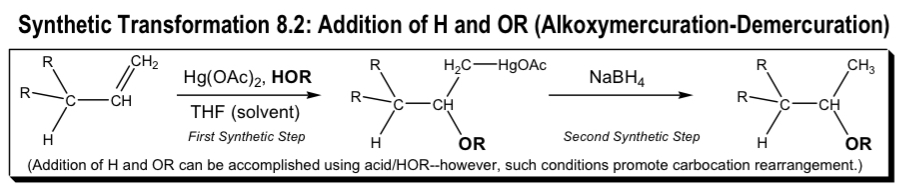 <ul><li><p>Markov addition of H and OR</p></li><li><p>alkoxymercuration-demurcuration</p></li></ul><p></p>