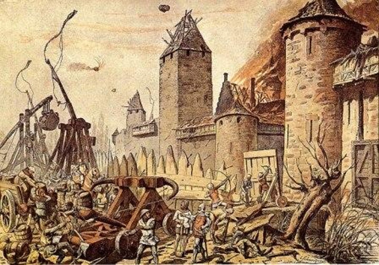 <p>weapons used to attack walled fortifications; portable towers, catapults, battering rams</p>