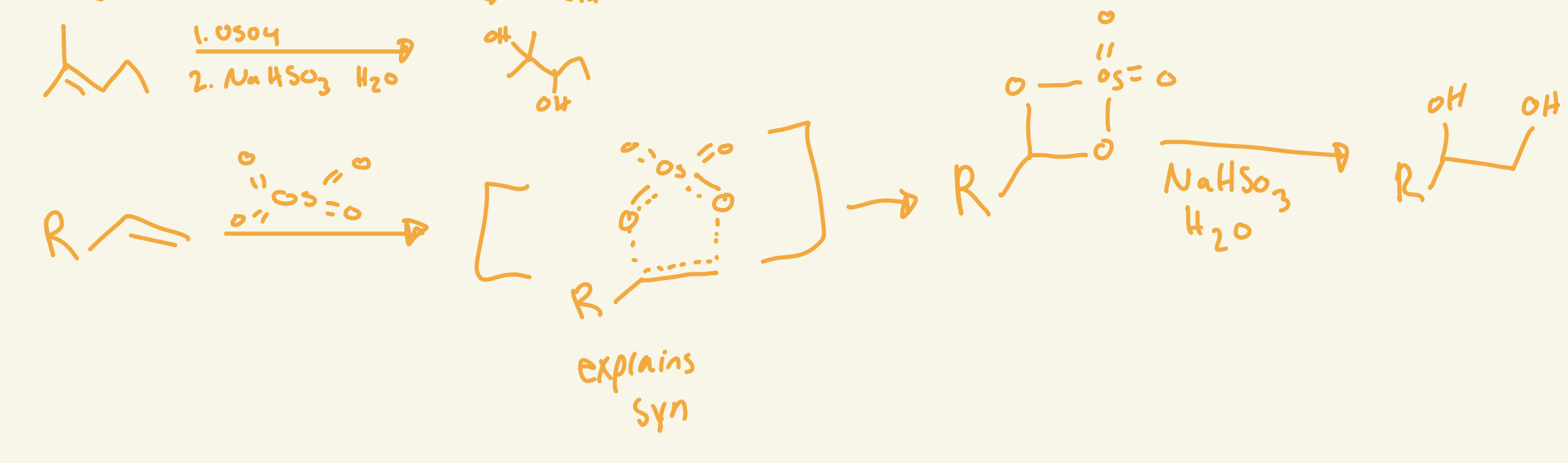 <p>OsO4 adds 2 O on same side then interacts with NaHSO3 H2O removes the OsO2 and adds Hs on Os </p>