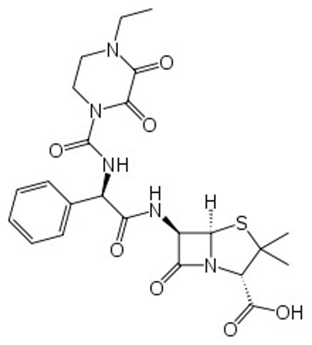 <p>Piperacillin has long side chains attached to the β-lactam ring which improves its affinity to penicillin binding proteins.</p>