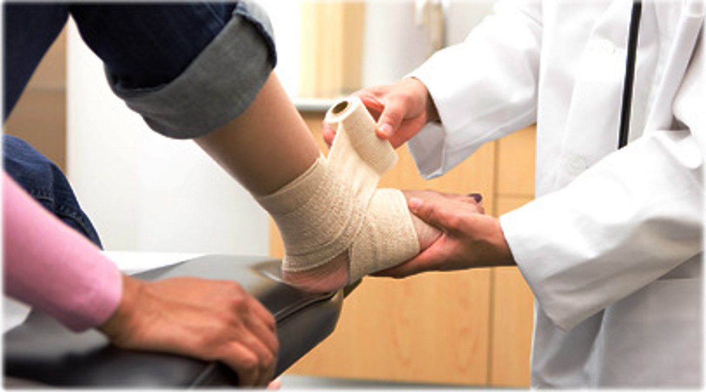 <p>wrap injured area with elastic bandage to prevent movement or swelling</p>